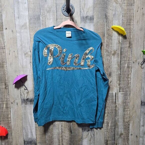 PINK Victoria's Secret Teal and Gold Sequin Bling Tee - Picture 1 of 6
